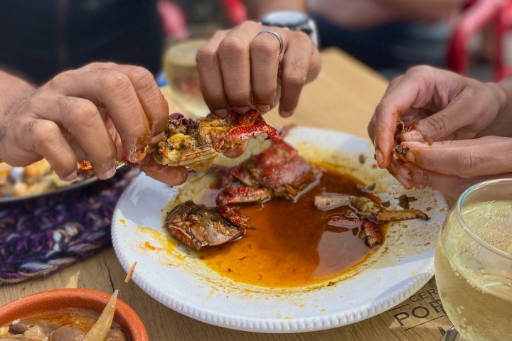 a group of people sitting at a table with a plate of food